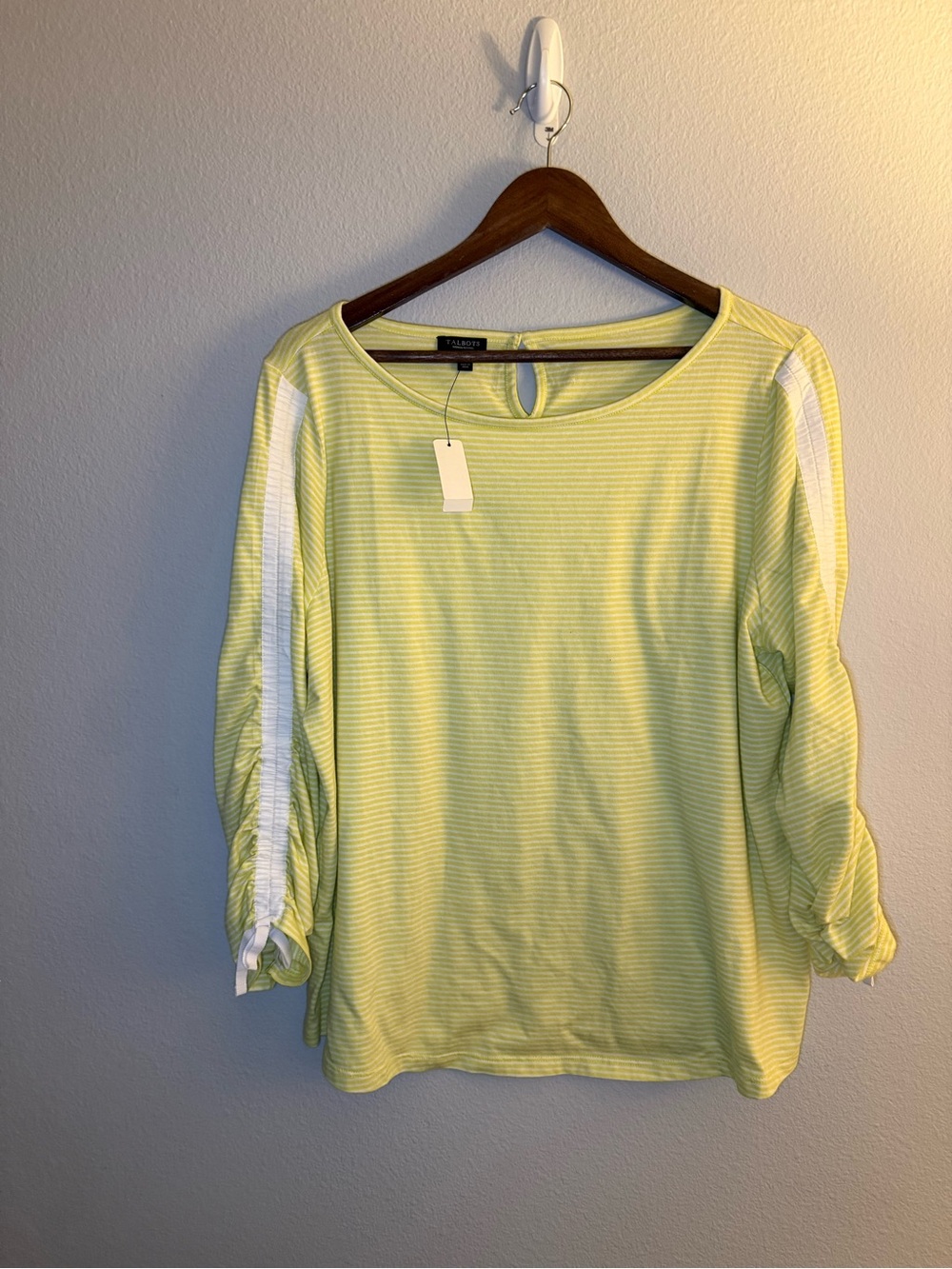 Talbots Lemon Stripe Long Sleeve Crewneck Top with White Sleeve Stripe